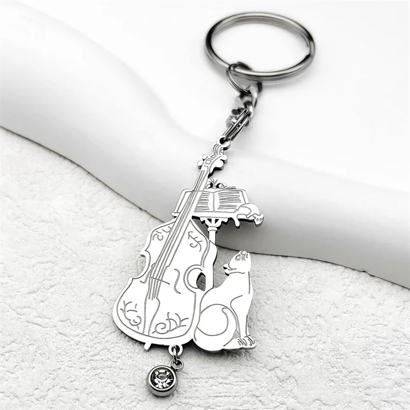 Cello Rhinestone Witchcraft Cat Keyring for Women Men Stainless Steel Silver Color Halloween Kitty Keychain Jewelry