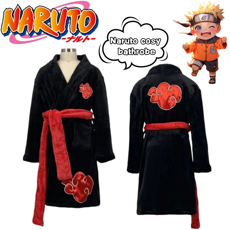New Naruto Uzumaki Naruto Velvet Nightgown High Color Value Anime Cartoon Red Cloud Print Couple Casual All-match Home Bathrobe