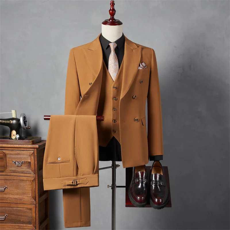 H17 Groom Suit Men's Double Breasted British Style Business Professional Formal Slim Wedding Suit