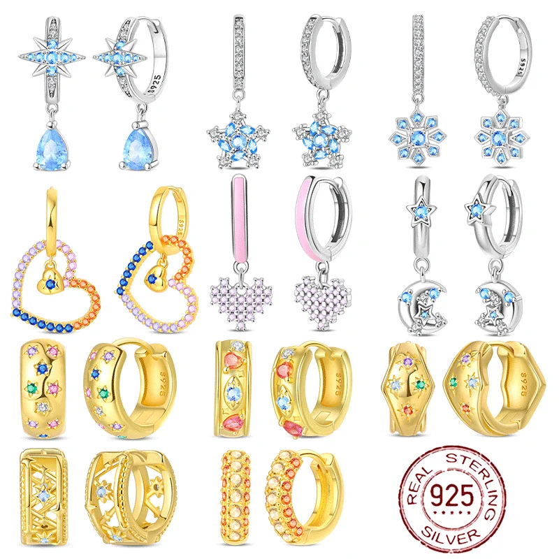 

925 Sterling Silver Gold Plated Hoop Earrings Ear Needle Minimalist Aqua Blue Gem Colorful CZ Ear Buckle for Women Jewelry Gifts