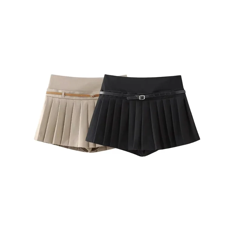 

Fanan 2026 New Women Fashion with Belt Solid Pleated Side Zipper Mini Skirts Shorts Vintage High Waist Female Chic Lady Shorts