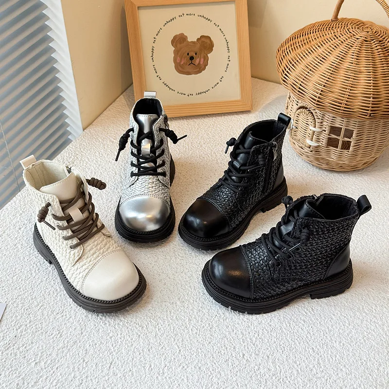 

Children Leather Boots Weave Princess Style Girls Short Boots Soft Bottom 2025 Autumn Winter Fashion Kids Ankle Boots Non-slip