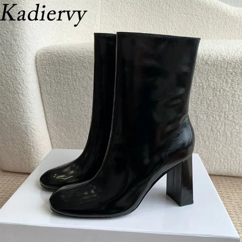 

Sexy Square Heels Ankle Boots For Women Genuine Leather Round Toe Runway Shoes Women Square Heels Short Boots Woman Botas Mujer