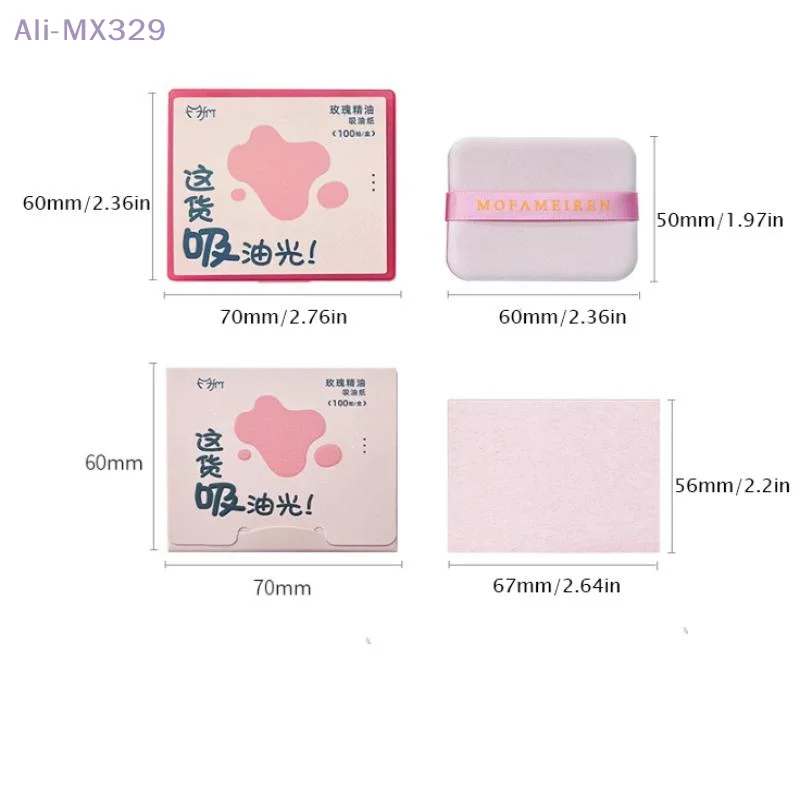 {MX329} 100 feuilles de papier absorbant l'huile avec miroir et boufflet charbon de bambou thé fleur papier buvard à l'huile outils de maquillage portables