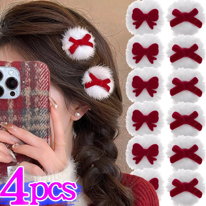 1/4Pcs Cute Plush Bowknot Hairclips Women Exquisite Red Mini Velvet Bow Hairpins New Year Duckbill Clips Fluffy Plush Headdress