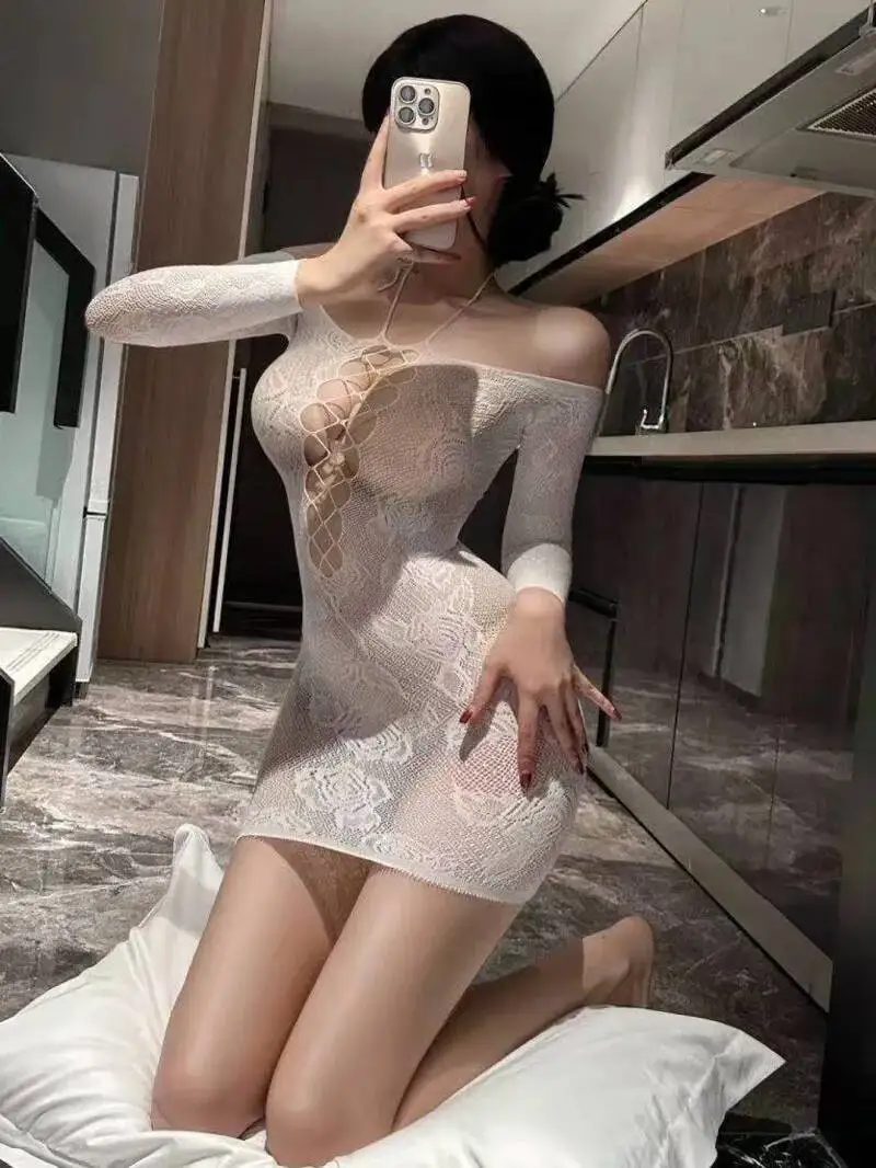 Rose évider Sexy pur désir Transparent moulante maille femmes couleur unie Wrap hanche robe dos nu profond V col suspendu HRHH