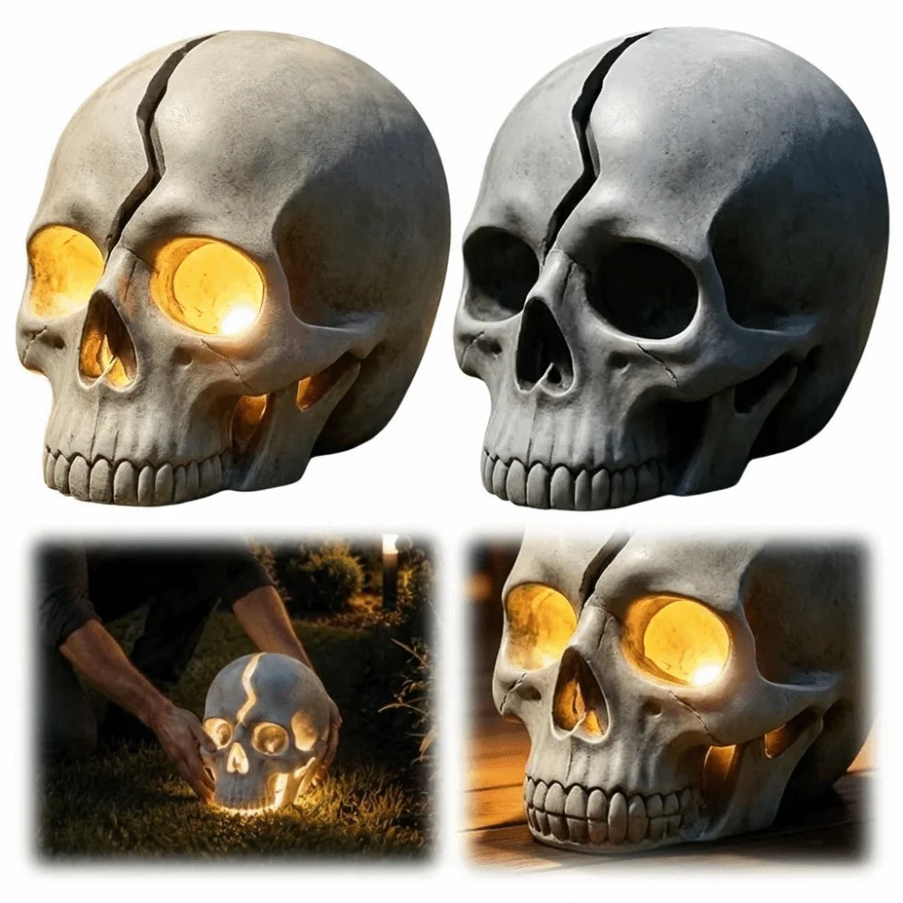 Waterproof Solar Garden Lamp Realistic Skull Shape Solid Resin Cracked Skull Light Sturdy Structure Warm Glow Outdoor Yard Decor