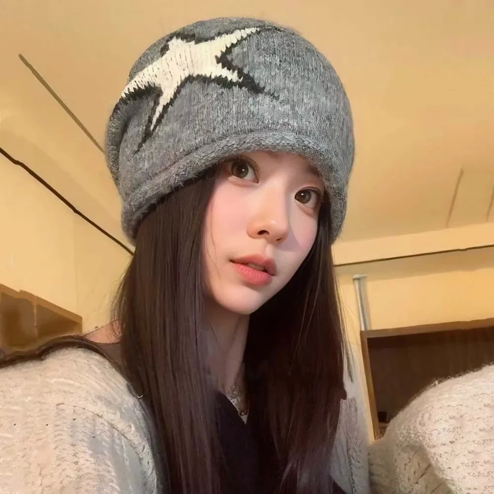 Y2K Style Star Patterned Beanie Cap Edge Curl Elastic Knitted Hat Ear Protection Soft Brimless Pullover Cap