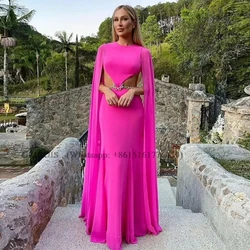 Sexy Pink Chiffon Prom Dresses Pleat Ruched Long Cape Sleeves Evening Dress Backless Formal Dubai Women Party Gowns Customized