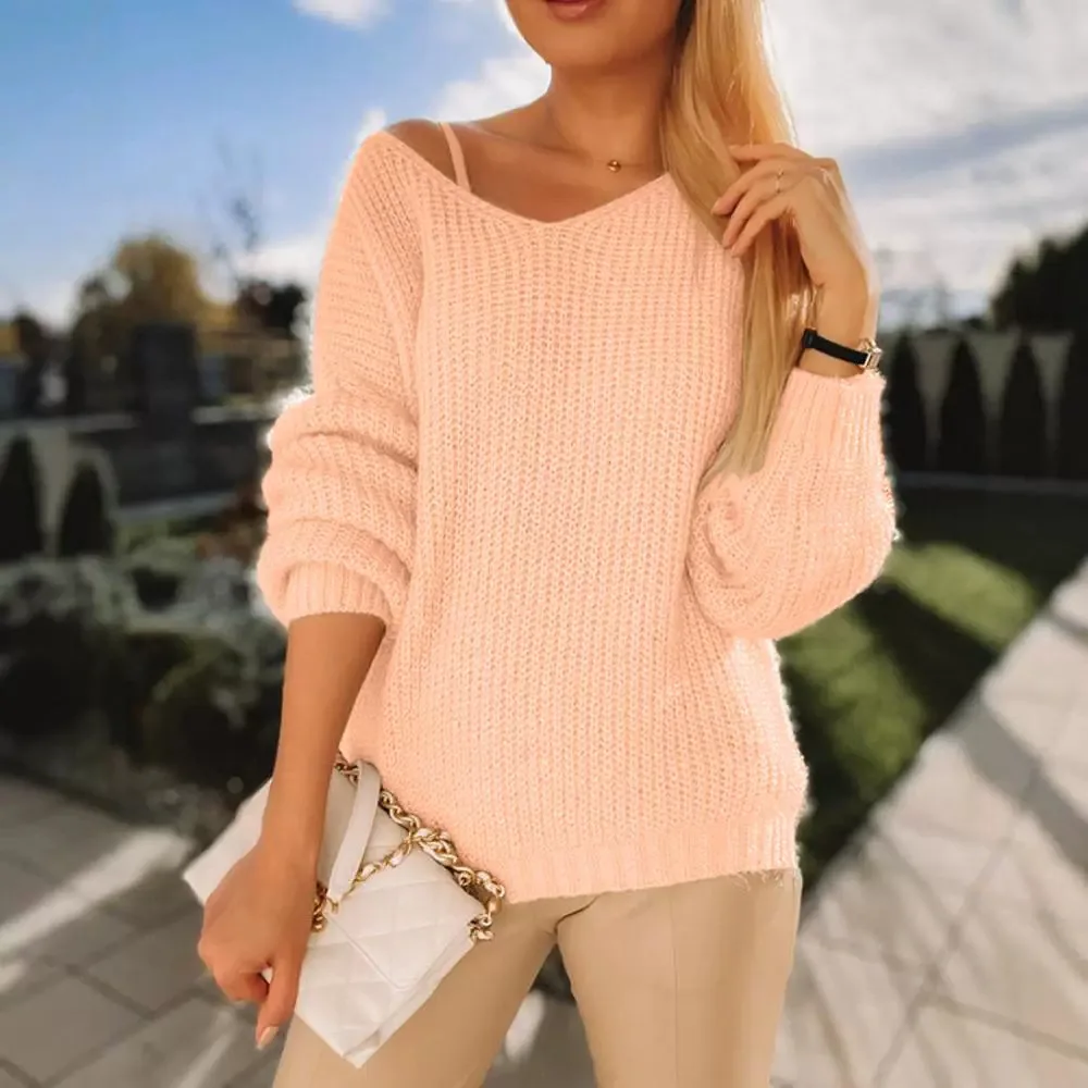 Women Sweater Long Sleeve Pullover Knitwear Solid Color Autumn Winter V Neck Sweaters