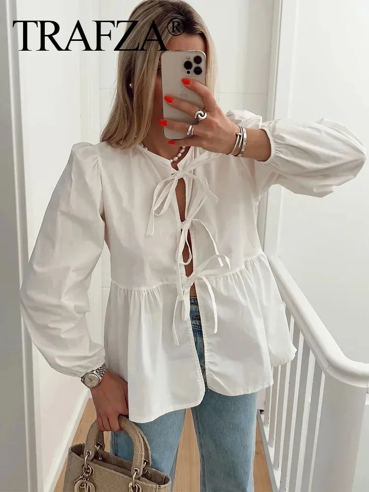 TRAFZA Women Elegant Stripe Bow Lace Up Blouse 2024 Fashion Puff Sleeve Loose Shirt Female 2024 Summer Vintage Chic Tops