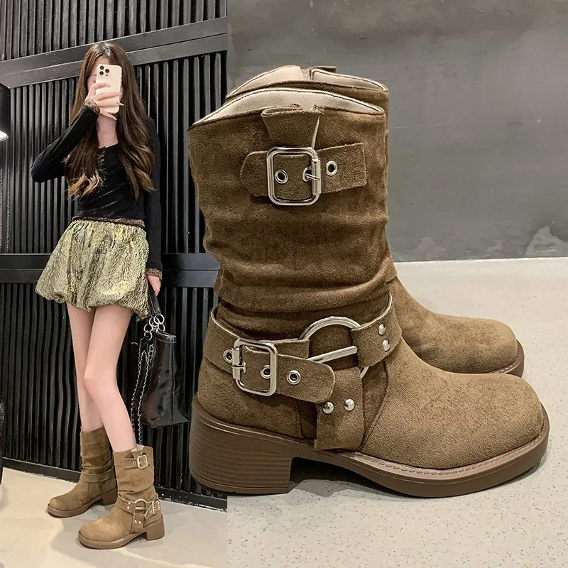 Spring Autumn Women Brown Knee-high Denim Boots Lady Square-toe Metal Buckle Vintage Boots Riding Equestrian Boots Western Boots
