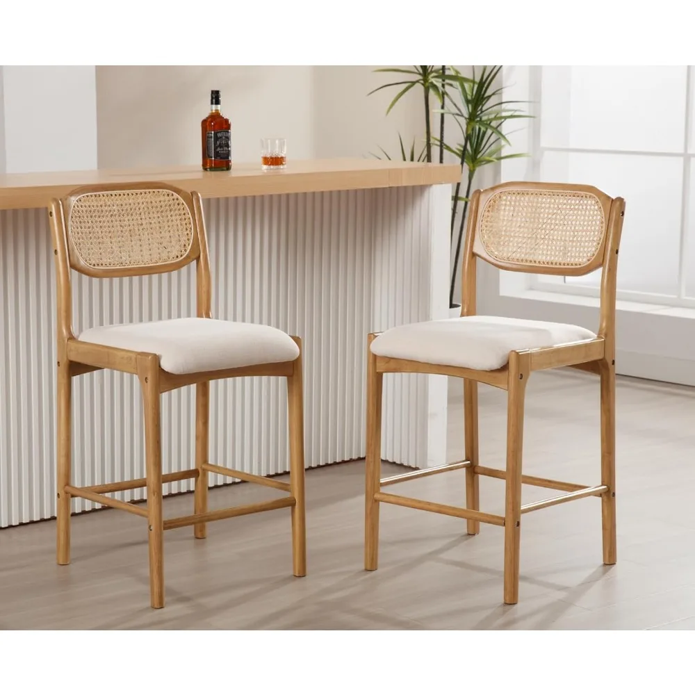 Rattan Counter Height Bar Stools Set of 2 Farmhouse Barstools with Cane Back Comfortable Linen Upholstered Bar Chairs Mid Centu