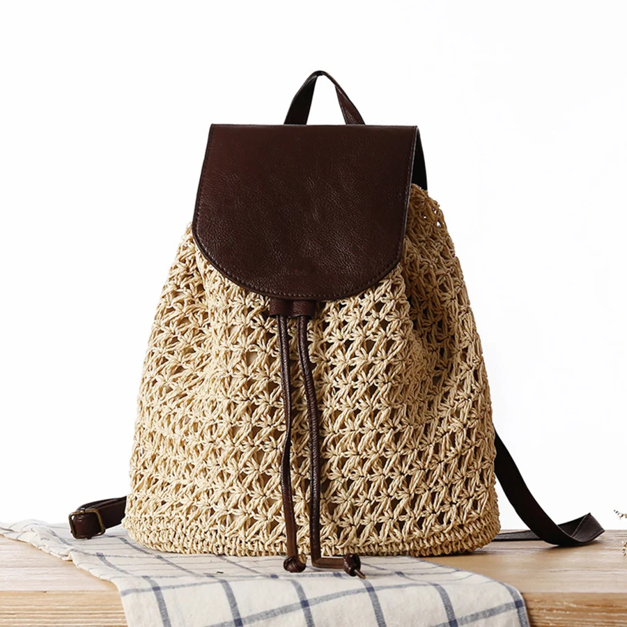 Summer's straw flip backpack new women's drawstring double-shoulder hand-Woven bag vacation and casual bali beach School bag sac
