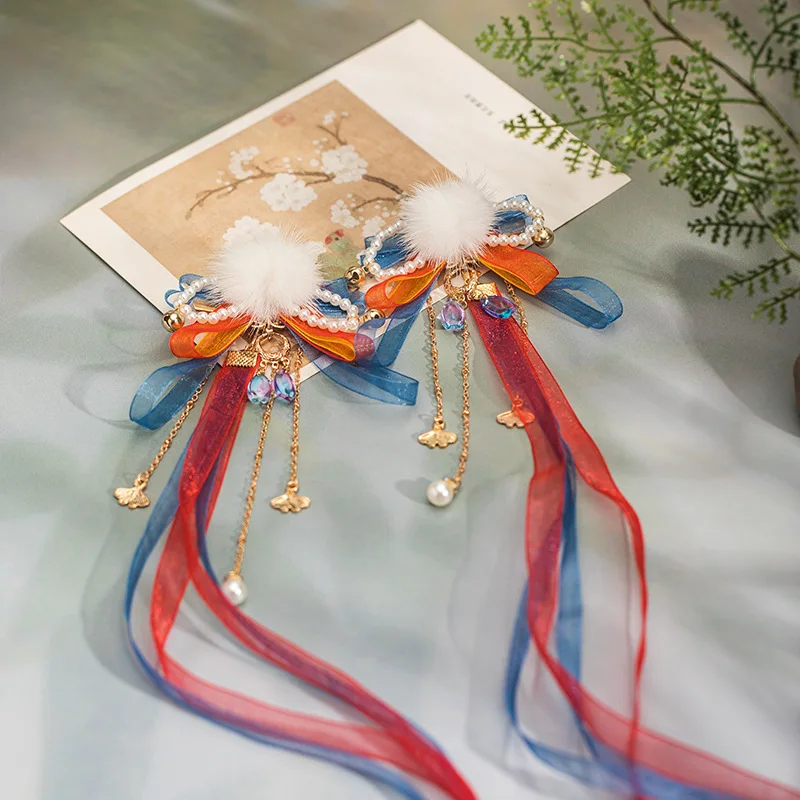 Mink Fur Pompom Hair Clip with Ribbon Streamers Long Tassel Decor for Girls Hanfu Hair Accessories Ancient Chinese Style Gift
