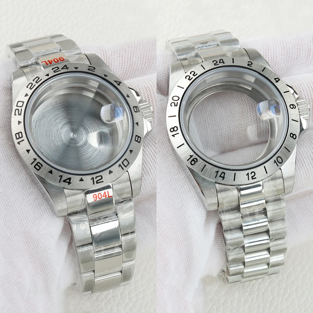 

39mm NH35 Watch Case EXP 24 Hours GMT Solid Bezel Sapphire Stainless Steel Strap Fit Explorer NH35 NH36 Movement 28.5mm Dial
