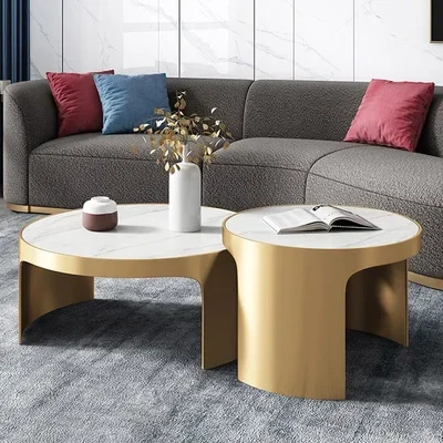 Italian marble coffee table round combination light luxury modern small apartment stainless steel gold