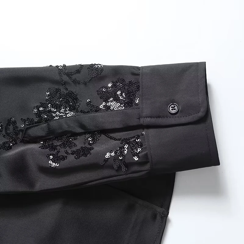 KEYANKETIAN 2025 Spring New Women's Sequined Decoration Shirt Leisure style Single Breasted Long Sleeve Black Satin Blouses Top