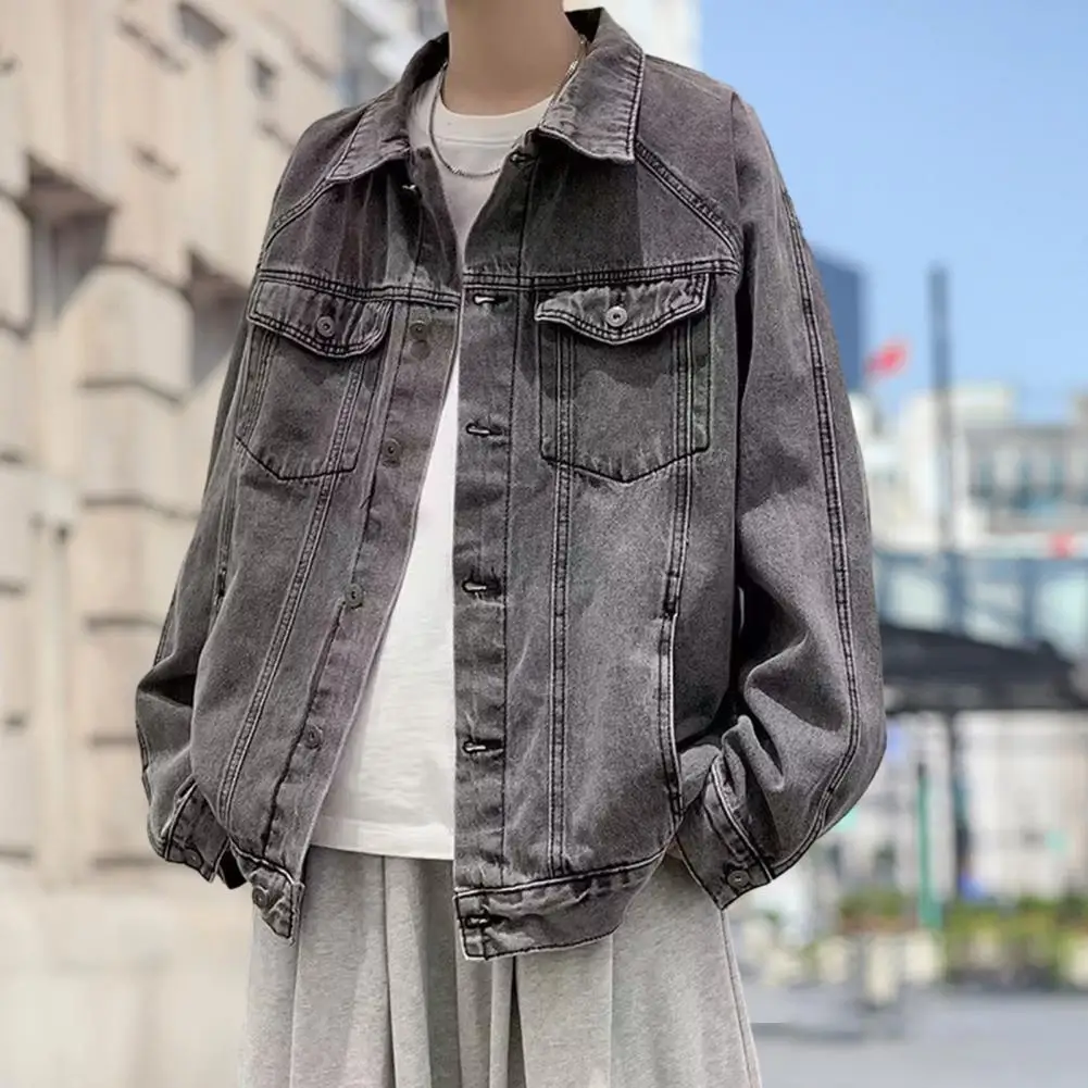 Men Jacket Retro Hop Style Denim Jacket with Multi Pockets Loose Fit for Men Streetwear Coat in Plus Size Men Denim Jacket