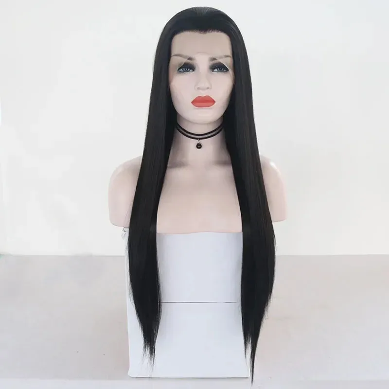 AIMEYA Free Part Black Front Wig Long Silky Straight Synthetic Lace Wigs High Temperature Hair for Men or Women Cosplays;3,k8't,