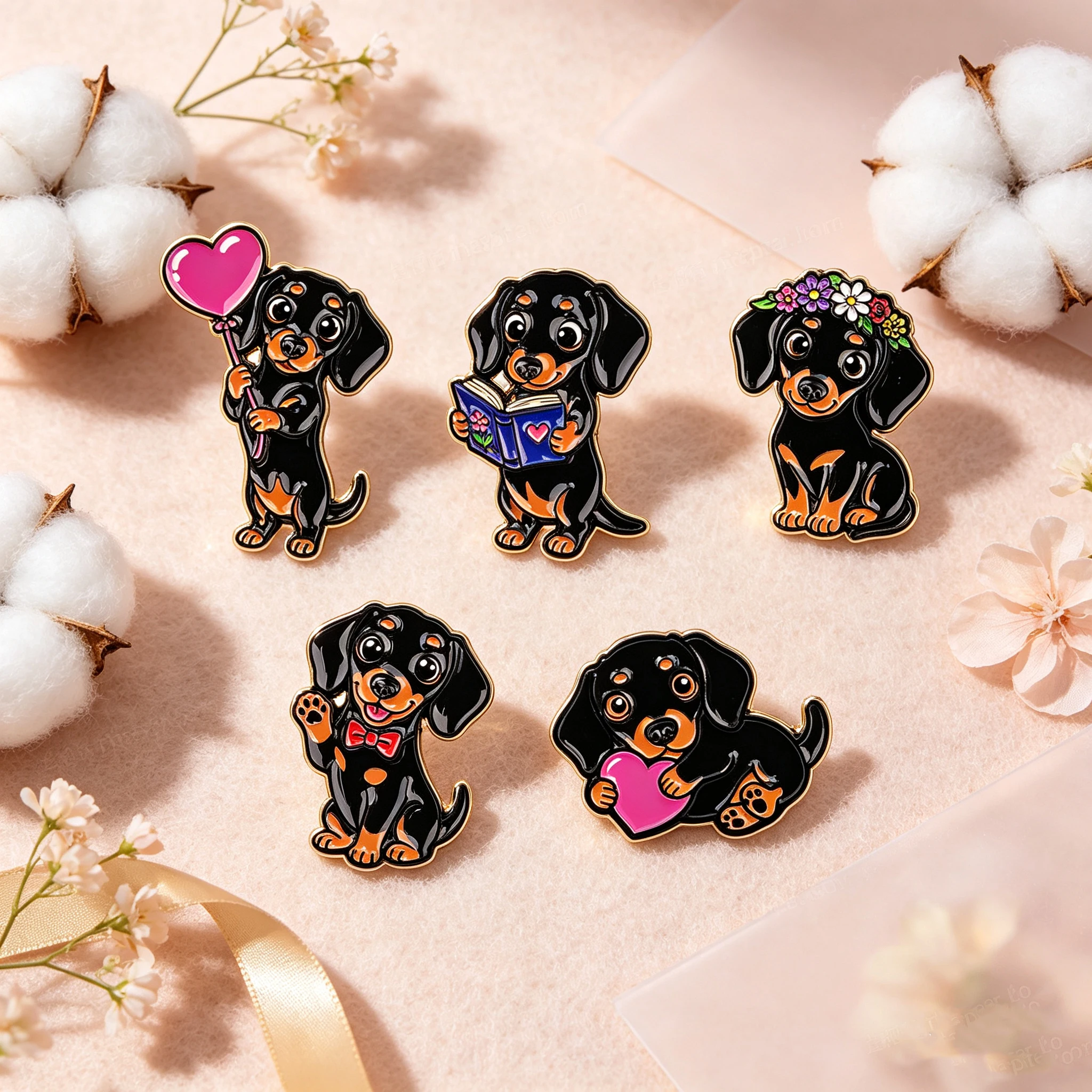5pcs/Set Cartoon Dachshund Enamel Pin Heart Book Animal Brooches Lapel Pins Books Badges on Backpack Clothing Accessories Gifts