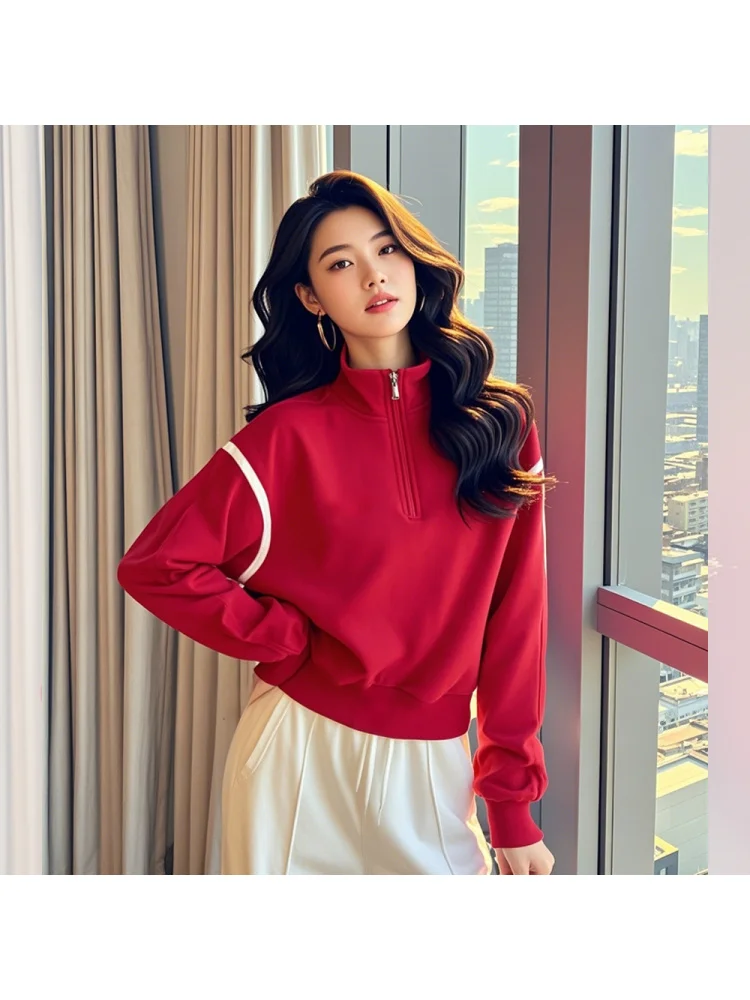 stylish-red-hoodie-top-salt-system-beautiful-spring-fashion-women's-korean-version-pure-color-pocket-handkerchief
