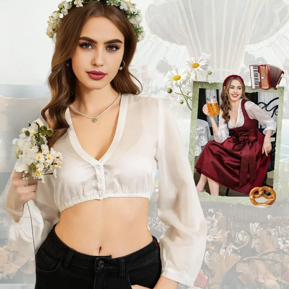 Uniwersalna odzież na festiwal piwa Oktoberfest, damska koszulka piwna z długim rękawem, dekoltem w serek i elastycznym dołem, idealna na imprezy dla kobiet.