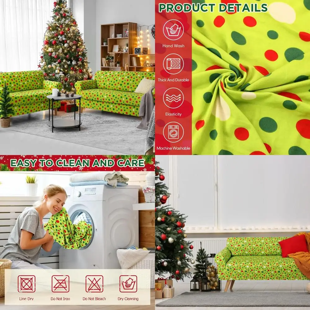 

Christmas Lime Green Sofa and Loveseat Cover Set with Red Dots, Stretchable Spandex, Wrinkle-Resistant for Festive Home Decor