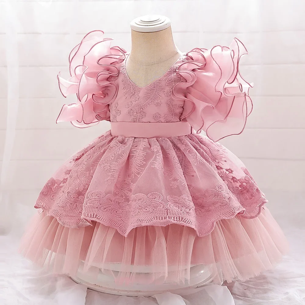 Fashion Solid Color Flower Girl Dresses for Weddings Lace Mesh Short Sleeve Baby Girl Dress Summer Girls Party Dress 1-3 Years