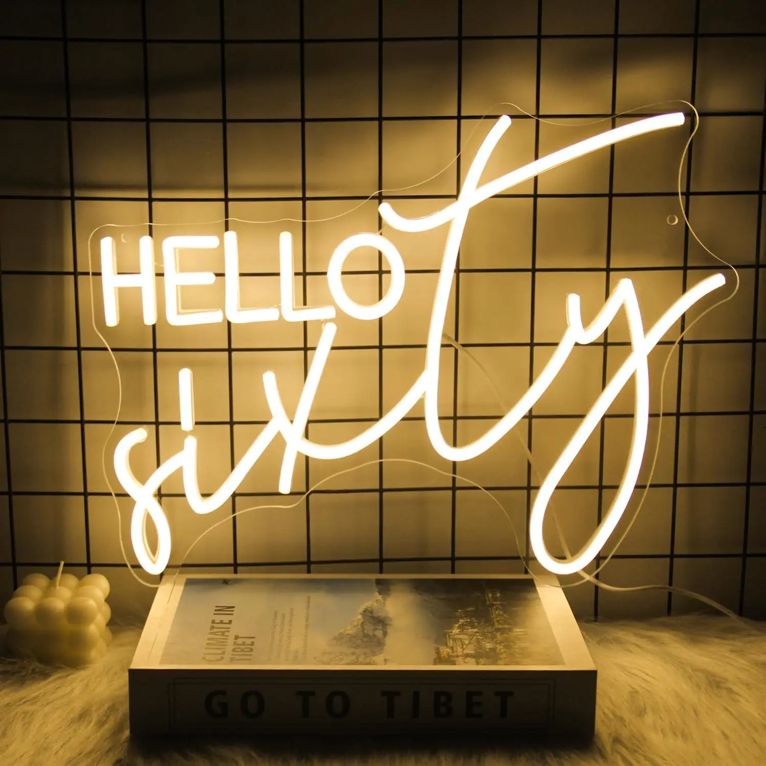 

Hello Sixty Neon Sign Happy 60th Birthday LED Sign USB Dimmable Neon Light for Wall Bedroom Birthday Party Decor Gift