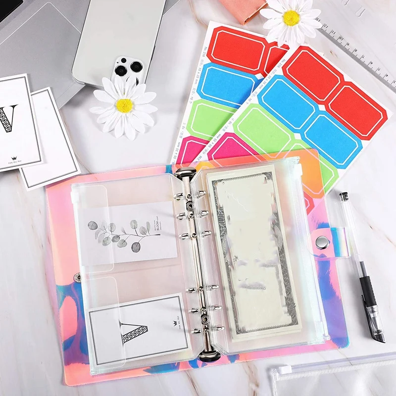 14 Pieces 6 Holes Binder Zipper Folders Refillable PVC Notebook Cover, A6 Binder Pocket For Management Documents Cards