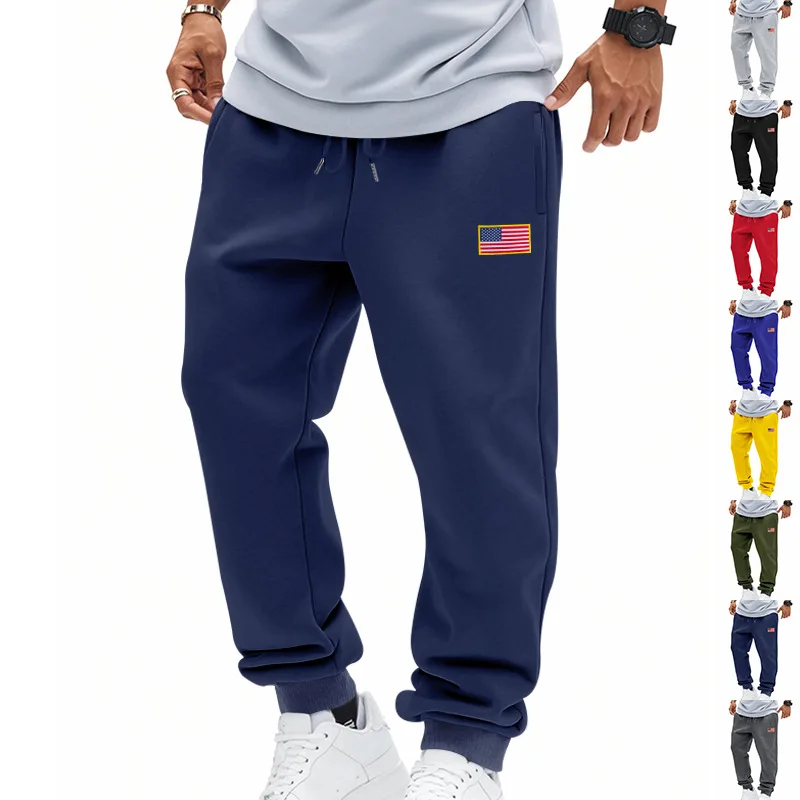 

New Autumn Men's Pants Simple Sports American Flag Loose High Waist Elastic Sweatpants Solid Color