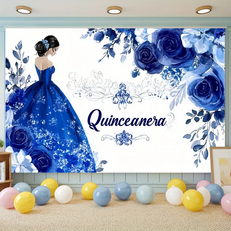 1, elegantes Partybanner „Quesenara“ mit blauem Blumenmuster, perfekt für Geburtstagsfeiern, Fotohintergründe und Raumdekoration