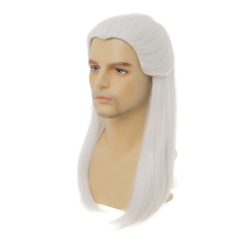 Peluca de Cosplay de Geralt of Rivia, pelucas de pelo sintético liso blanco plateado para hombres, disfraz de juego novedoso para fiesta y Halloween