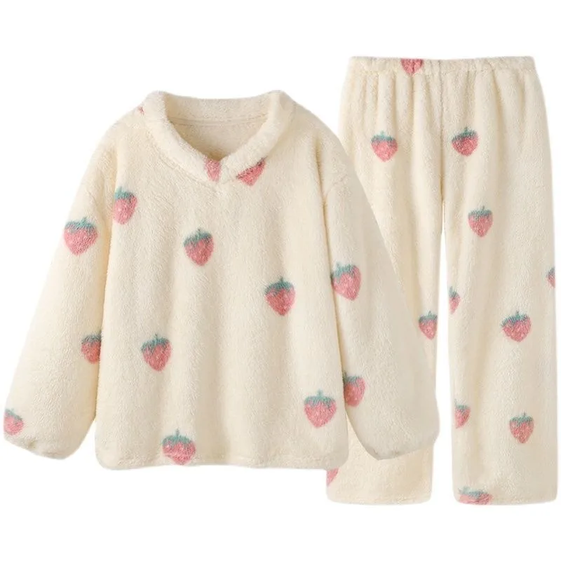 

Strawberry Sleepwear Women Fleece Pajama Sets Winter Piiama Warm Pants Sets 2 Pieces Long Sleeve Night Wear Korean Home Suit New