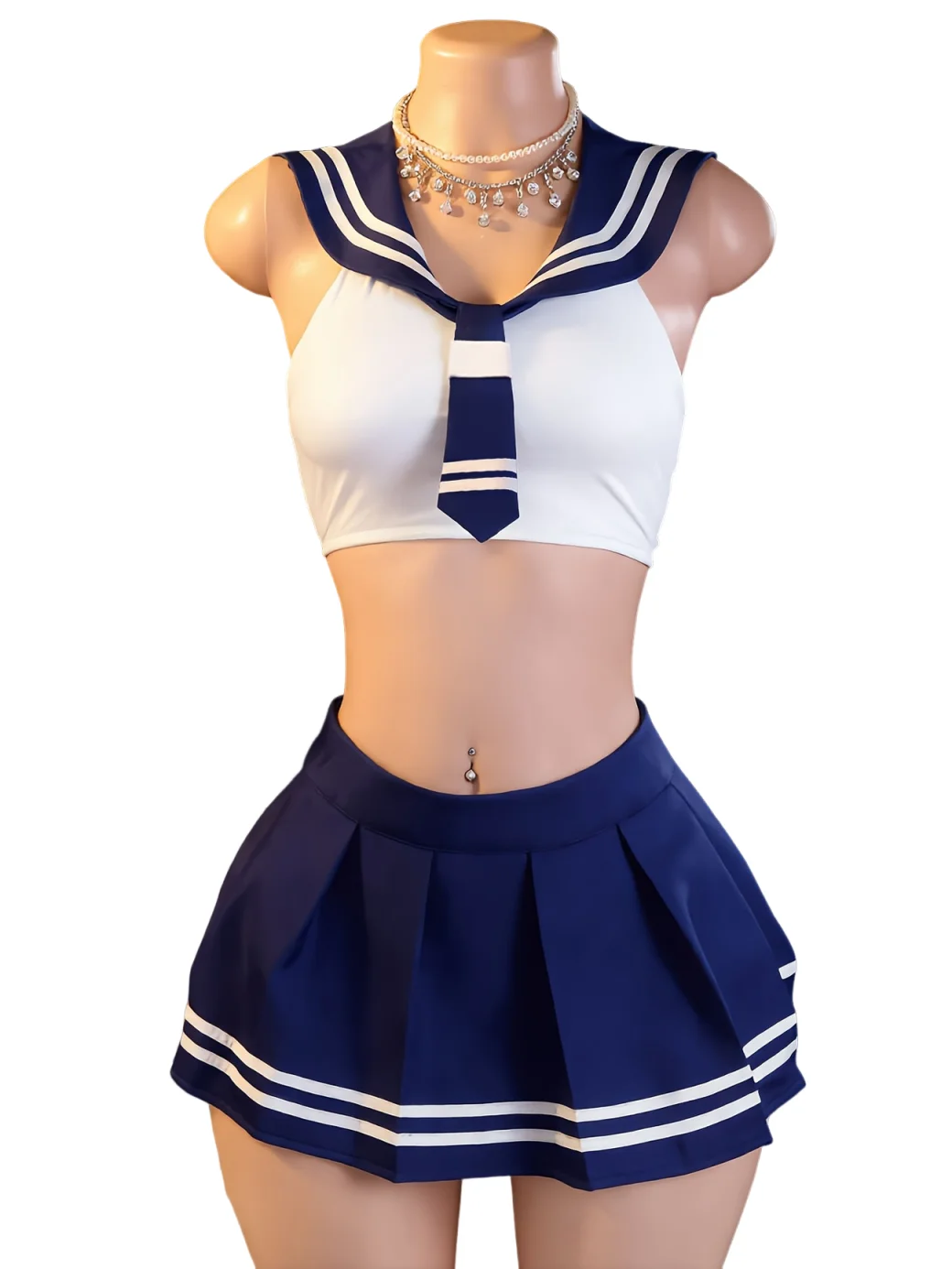 Women's 2Pcs Sailor Role Play Costume Set - Sleeveless Crop Top & Pleated Skirt Sexy JK Uniform Lingerie for Romantic Night