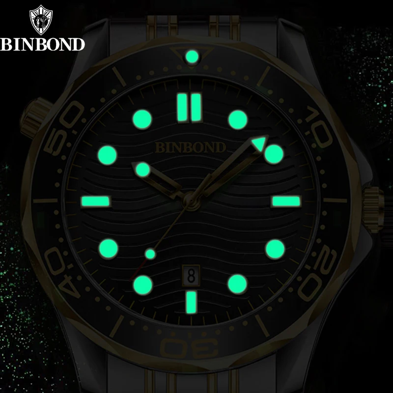 BINBOND B2820 New Fashion Ultra-thin Sea Horse Series Quartz Mens Watches 30M Waterproof Luminous Sports Casual Men Watches