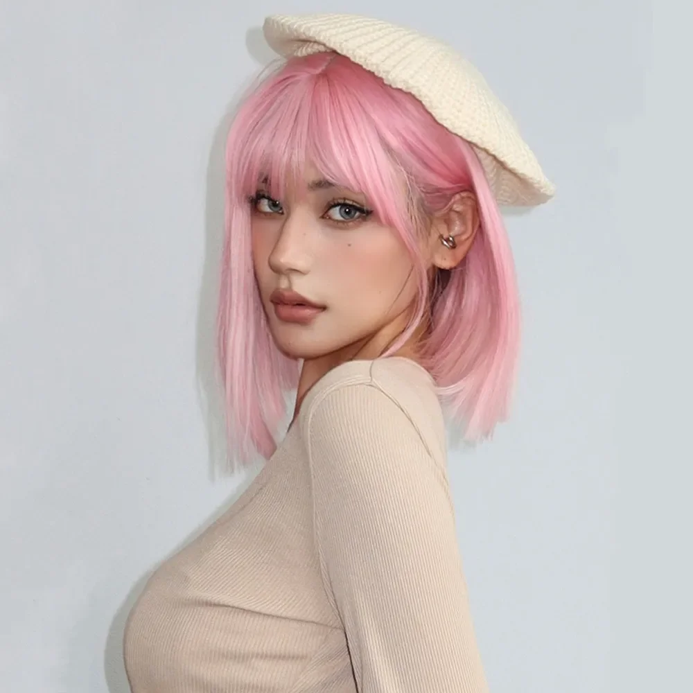 Korte Roze Met Pony Rechte Bob Pruik Synthetische Kleurrijke Cosplay Party Pruiken Voor Vrouwen