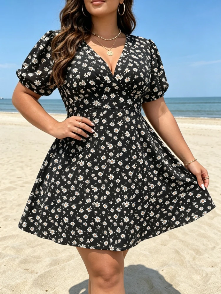 Vintage Plus Size New Chic Women Ditsy Floral Mini Dress, Flower Print, Deep V Neck Puff Sleeve High Waist A Line Dating Dress