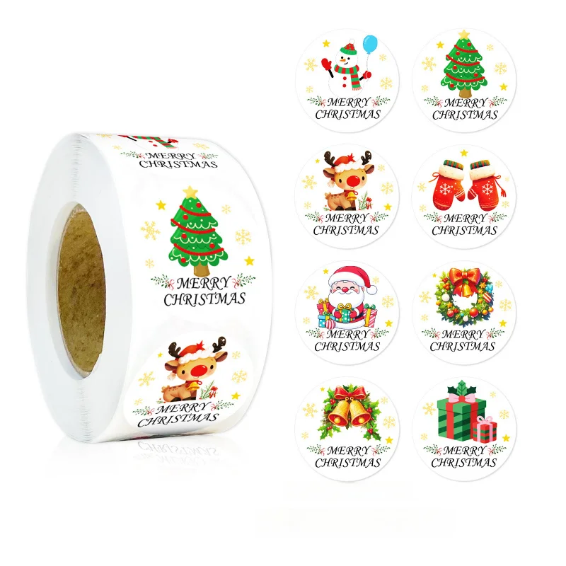 

500pcs/Roll Christmas Stickers，8Christmas Merry Cartoon Envelope Seal Stickers，Party Holiday Gift Packaging Stickers Gift Bag De