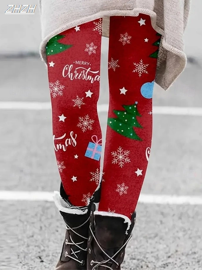 เลกกิ้งสตรีแฟชั่นลำลองแบบพื้นฐาน กางเกงเอวสูงลายกราฟิกคริสต์มาส ลายมนุษย์หิมะและเกล็ดหิมะ ให้ความอบอุ่น