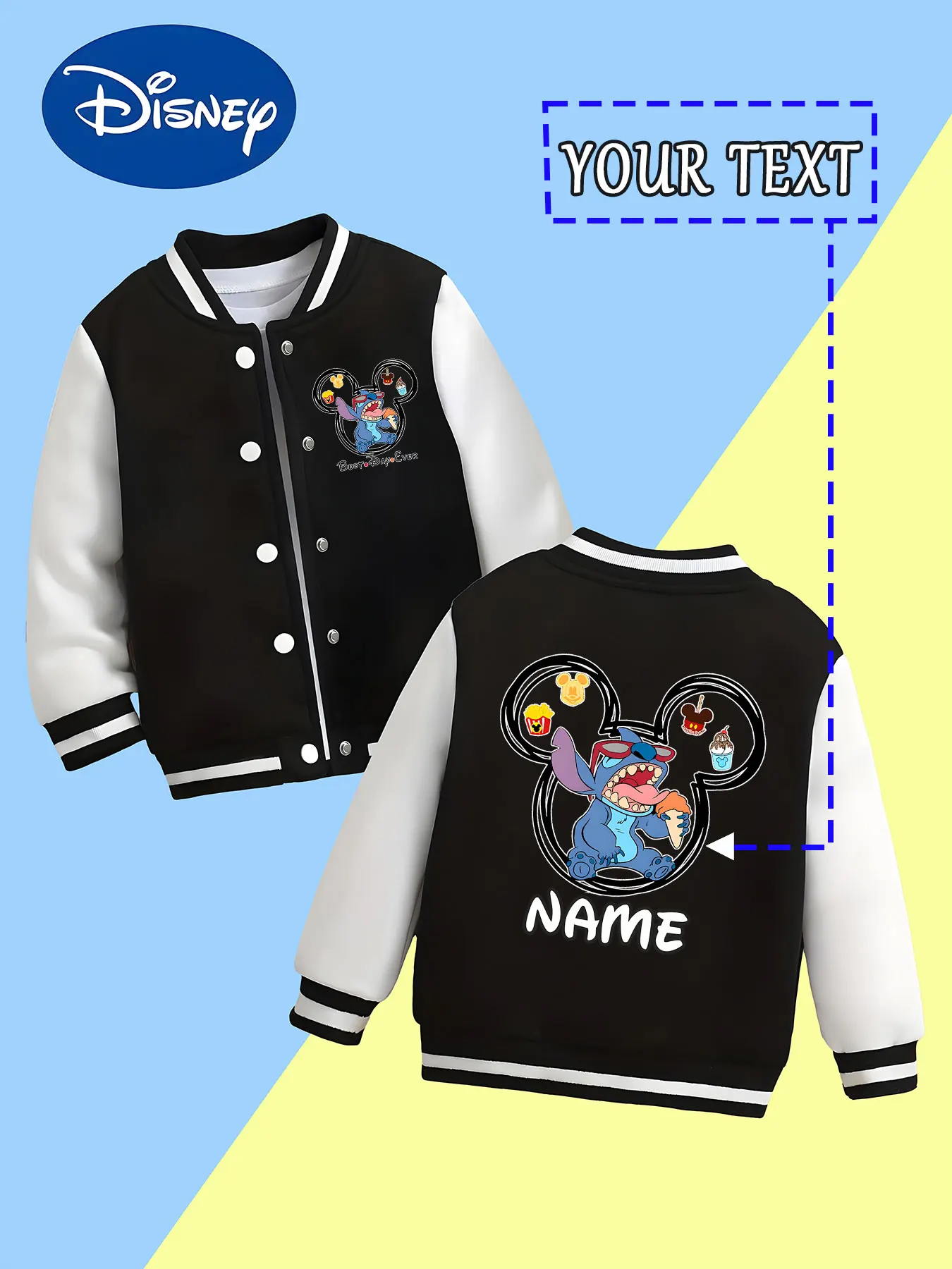 

MINISO Disney Stitch Mickey Head Food Style Children's Baseball Jacket - Stitch enjoys delicious food in Mickey's head, cute and
