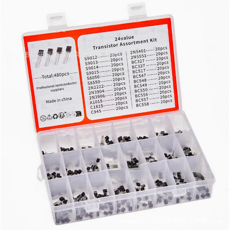 480PCS 24 Types TO-92 Assorted Transistor Diode 20PCS Per Type NPN PNP Silicon High Low Frequency Tube for DIY Circuit Repair