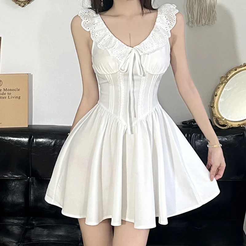 

Pure Desire Wind Lotus Leaf Collar Sleeveless Slim Fit Dress for Women French Waist Wrapped A-line Skirt INS New Short Skirt