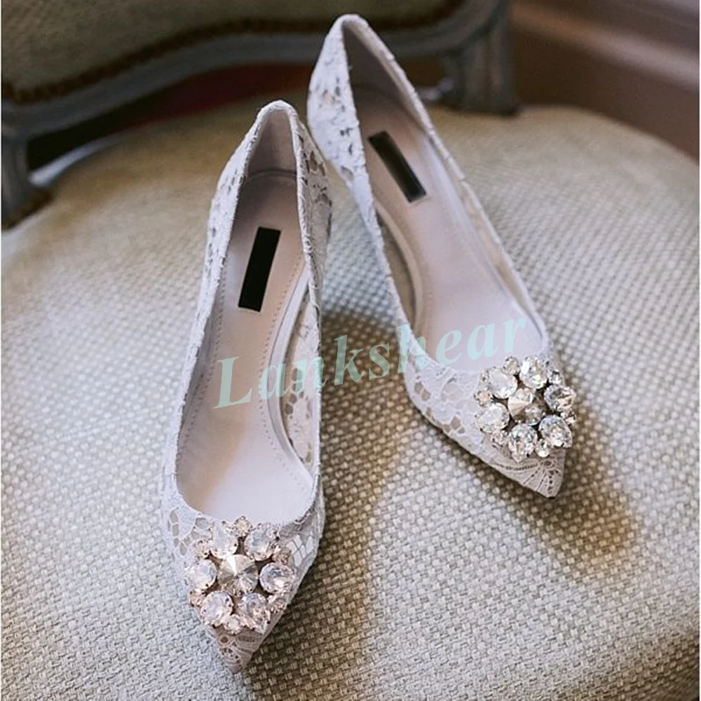 Lace Pointed Toe Stiletto Bridal Pumps for Women Clear Crystal Rhinestone Sleek Stiletto Heel Romantic Evening Occasion Styling