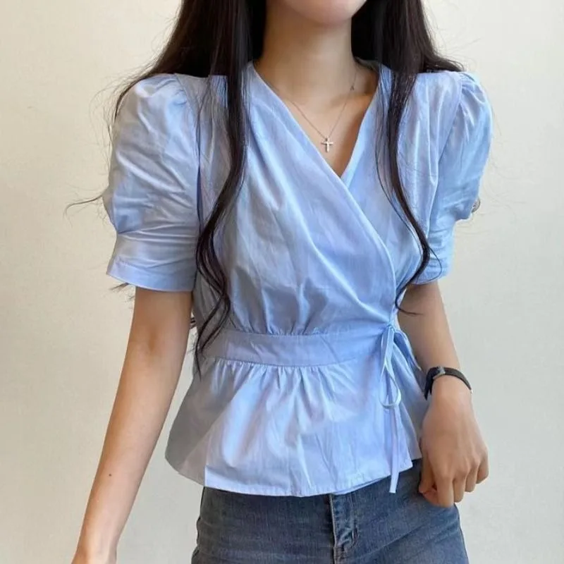 

Women's Korean Style V-neck Wrap Blouse Short Sleeve Puff Sleeve Waist Tie