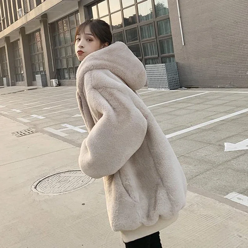 Winter Casual Solid Color Warm Overcoat Women Fashion Zipper Hooded Faux Rabbit Fur Jacket Woman Lazy Style Loose Faux Fur Coats