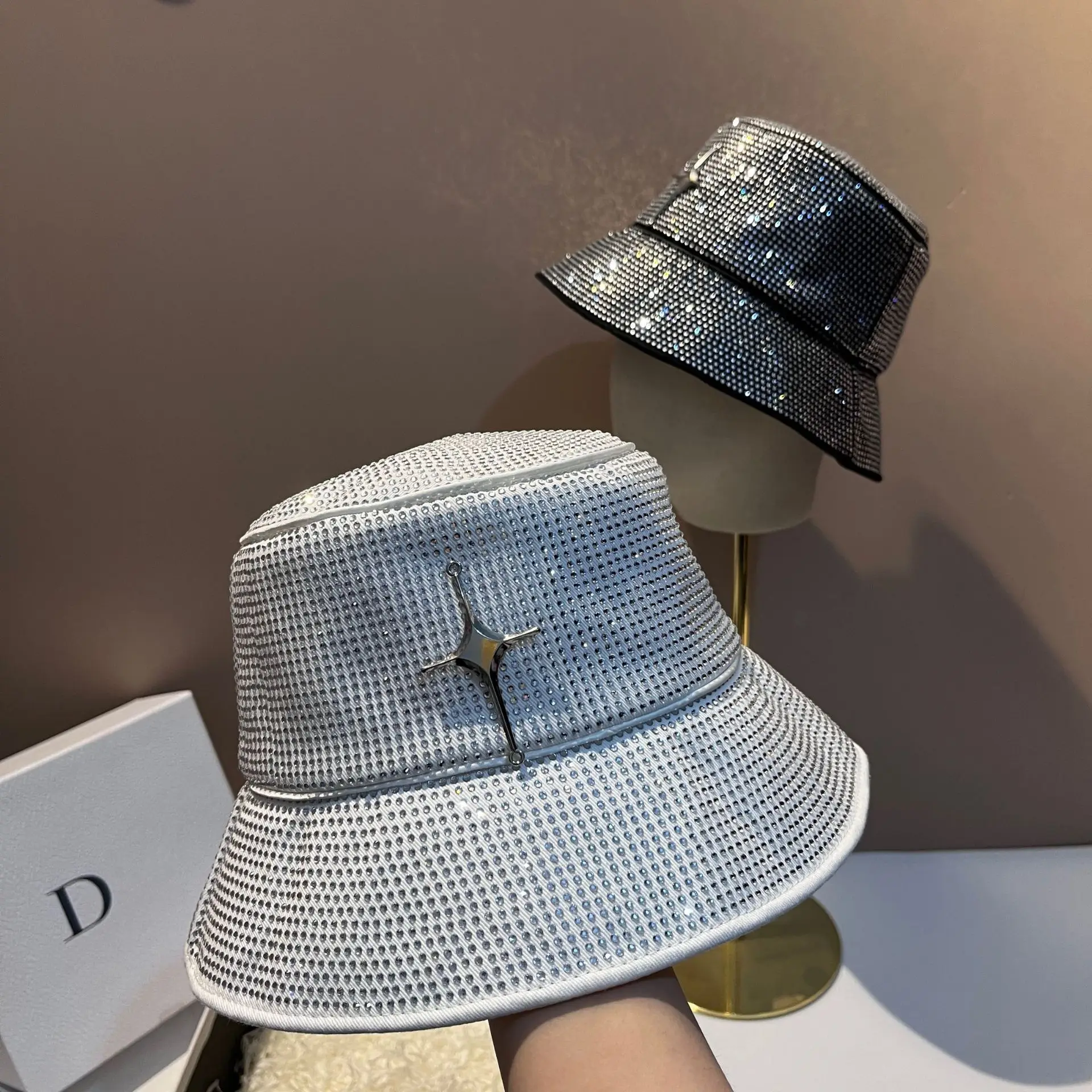 2025 Fashion Full Diamond Bucket Hat - French Inspired 3D Cross Design Spring Summer Heavy Industry Versatile Casual Hat