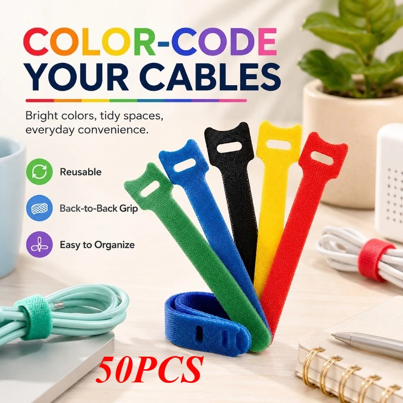Reusable Hook Loop Cable Organizer Straps T-Head Anti-Loss Nylon Ties for Charging Cords Earphones Computer Wires and Travel Kit