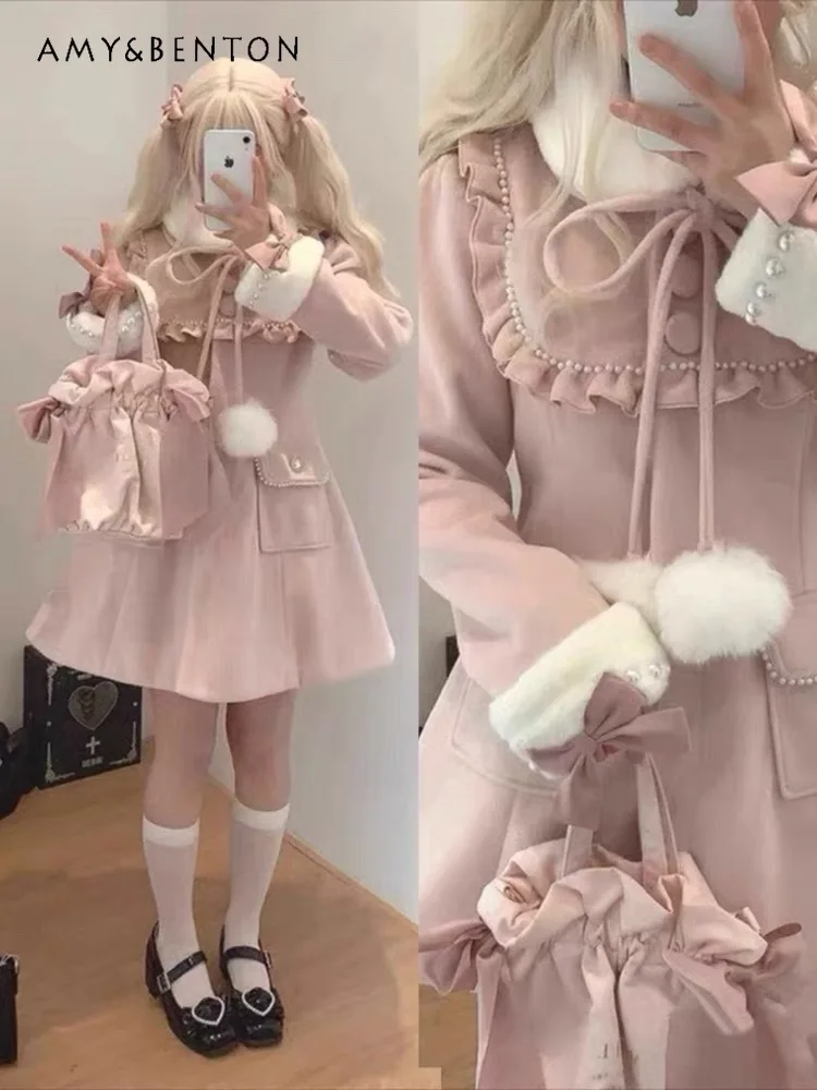 2024 Winter New Sweet Bow Midi Woolen Coats for Women Cute Splicing Fluffy Pearl Buckle Cotton Thickened Woolen Coat Students